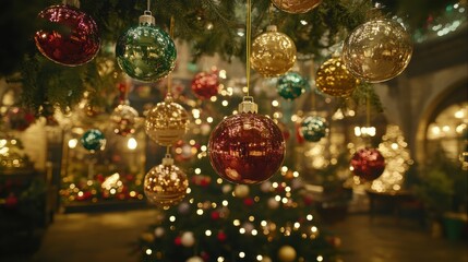 Festive Christmas Ornaments Hanging with Glowing Tree Background