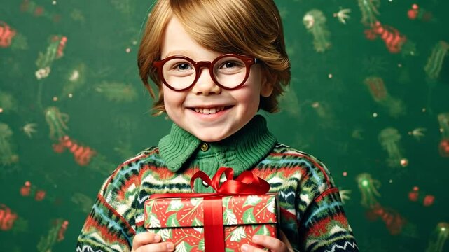 Kind mit Brille und Weihnachtspullover lacht gl&uuml;cklich