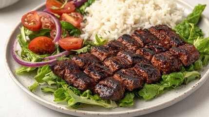 A plate featuring grilled steak served on a bed of lettuce, accompanied by rice and a fresh salad of tomatoes and onions.