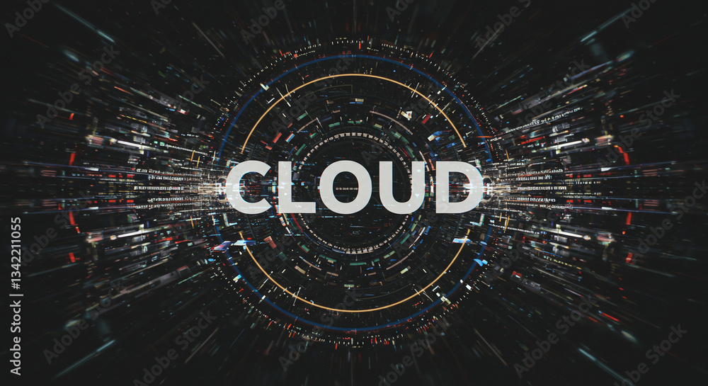Poster digital cloud: illustrative rendering of the word 'cloud' integrated within a dynamic, tech-inspired