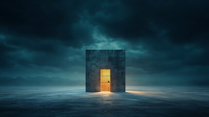 Dark Cube Structure with Lighted Door