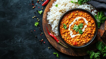 A vibrant bowl of lentil curry garnished with herbs, served alongside fluffy white rice, creating a delicious and colorful meal.
