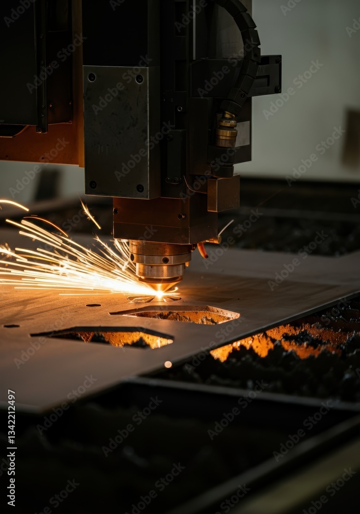 Poster laser cutting machine creating precise shapes with sparks flying