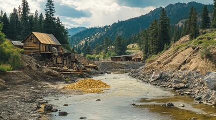 Historic gold mining operation nestled beside a river in a mountain valley