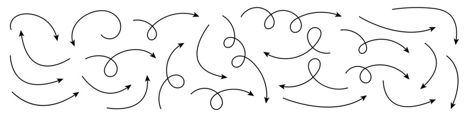 Collection of curved hand drawn arrows. Set of hand drawn arrows.