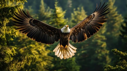 Obraz premium A majestic bald eagle soaring high above the forest, its wings spread wide as the pristine golden sunset light bathes everything in an ethereal glow. 