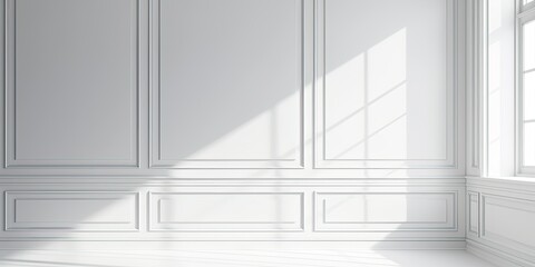 Fototapeta premium Sunlit White Room Corner, Paneling, Window, Interior Design Mockup
