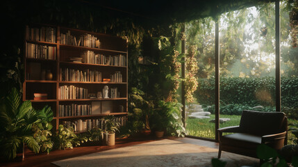old wooden library next to a garden