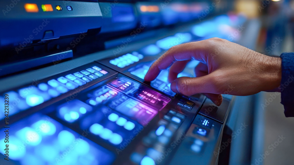 Poster a close-up of a hand pressing buttons on a futuristic glowing control panel with digital interface