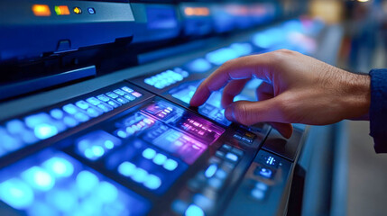A close-up of a hand pressing buttons on a futuristic glowing control panel with digital interface