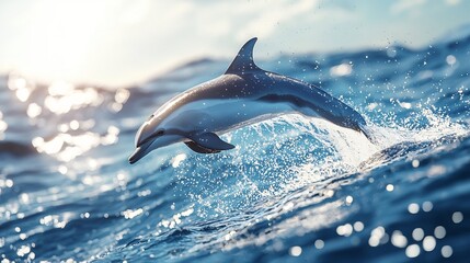 Fototapeta premium Playful dolphin leaping gracefully from the ocean sunlight catching its sleek wet skin as it splashes joyfully back into the water