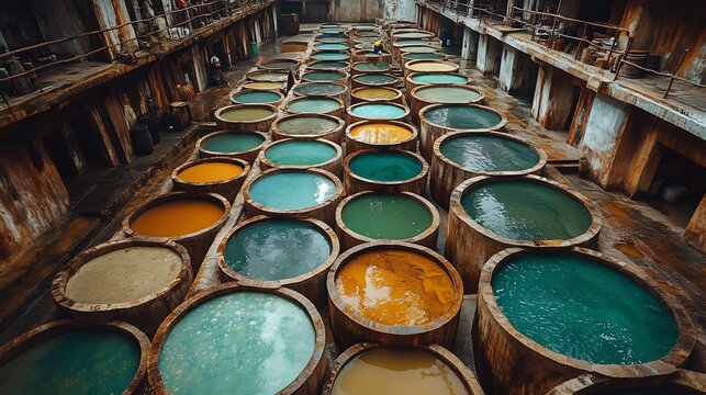 Rustic leather tannery with large vats of natural dyes hides soaking in colorful solutions and workers preparing the leather for luxury goods production