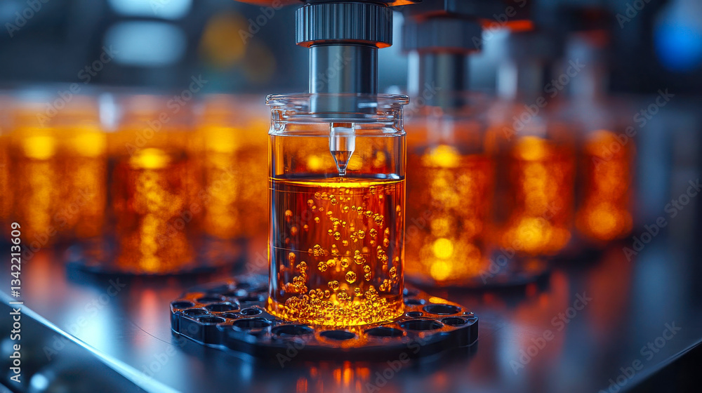 Aufkleber high-tech laboratory with automated pipetting machine filling vials with a glowing orange liquid