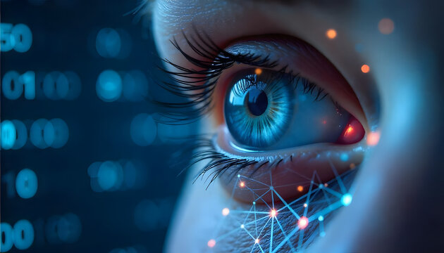 Eye, technology, digital, futuristic, blue, glowing, binary, code, data, network, connections, dots, lines, grid, light, bright, neon, cyber, virtual, sci-fi, innovation, advanced, high-tech, modern, 