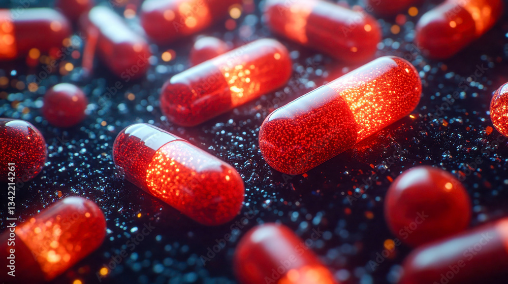 Aufkleber close-up of futuristic red capsules filled with glowing golden particles, floating in a dark ambient