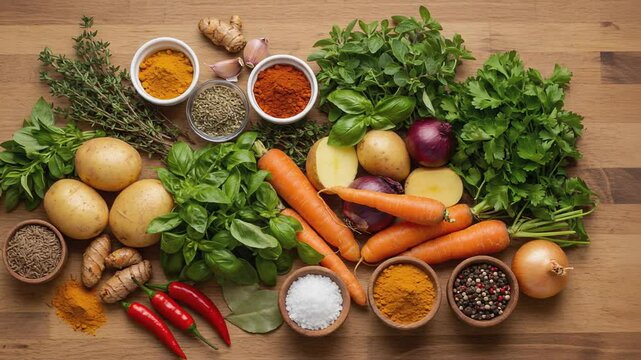 Fresh vegetables, herbs, and spices arranged on a wooden surface, representing natural ingredients and healthy cooking. Organic nutrition, plant-based diet, culinary wellness.