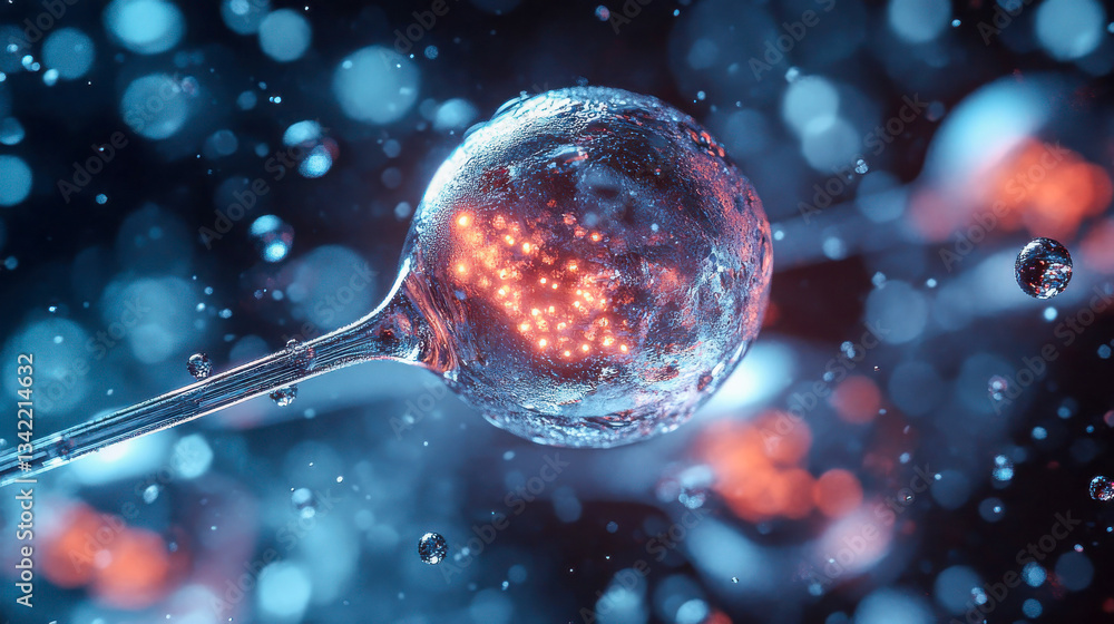 Poster a fertilized egg with intricate cellular structures floating in a microscopic fluid environment
