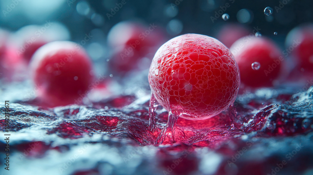 Poster a red organic cell-like structure floating in a dynamic liquid environment, surrounded by tiny parti