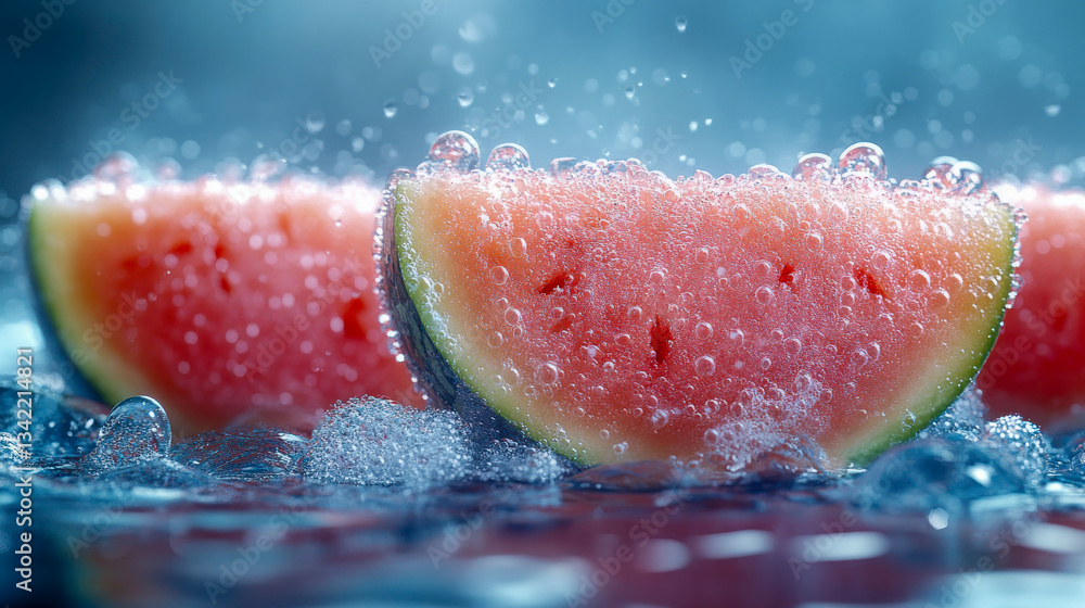 Poster fresh, juicy watermelon slices floating in water with ice and bubbles, creating a refreshing and pho