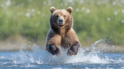 Obraz premium Powerful brown bear standing upright in a rushing river water splashing around as it prepares to catch a leaping salmon