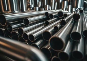 Close-up of shiny metal pipes stacked in a warehouse