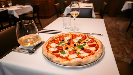 Delicious Margherita pizza served on a wooden table in a cozy restaurant. A classic Italian dish topped with fresh tomatoes, mozzarella, and basil leaves 20