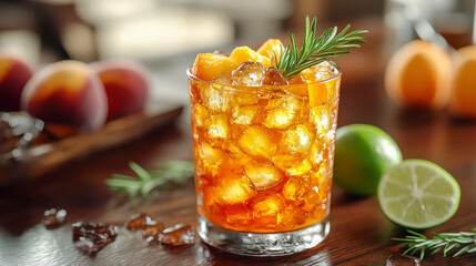 Fototapeta premium A peach cocktail in a glass with ice cubes, fresh rosemary, and sliced peach, placed on a rustic wooden table