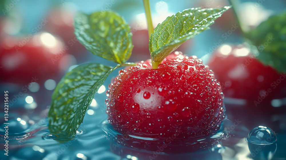 Poster a fresh red cherry splashing into water, surrounded by droplets, creating a dynamic and refreshing c