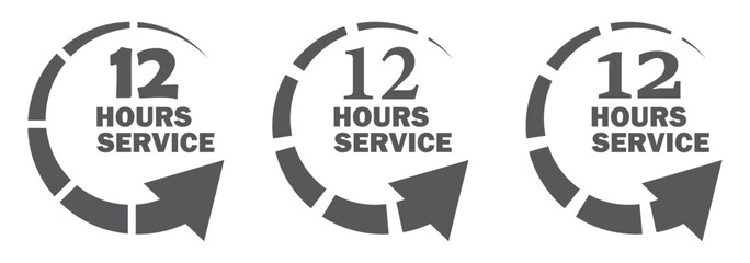 12 hours service vector symbol. 12h service duration sign. 12 h discount offer icon set. fast 12hr support sign collection.