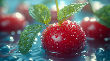 A fresh red cherry splashing into water, surrounded by droplets, creating a dynamic and refreshing composition