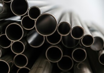 Close-up of metal pipes stacked in various sizes and shapes