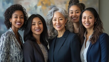 Group of smiling businesswomen of diverse ethnicities posing for a portrait against a blurred background.  They wear professional attire