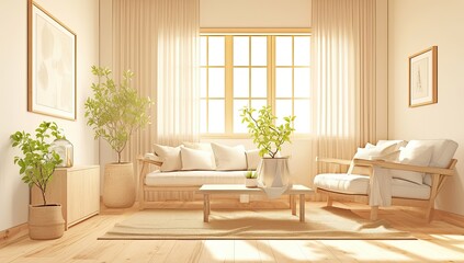 Sunny minimalist living room, wood floors, plants, sunlight