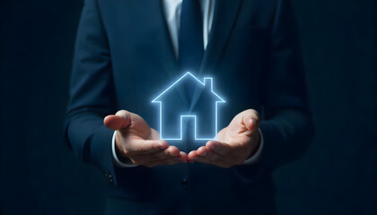 Businessman holding glowing house model, symbolizing real estate and property investment.