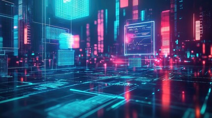 Obraz premium Cyberpunk Cityscape At Night Neon Lights Digital Technology Illustration Abstract Futuristic Urban Landscape With Glowing Effects Colorful Modern Design Concept Background Wallpaper 3D Rendering