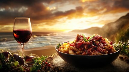 Dark Bowl Of Spaghetti With Red Sauce At Sunset Beachside Dinnertime Cuisine Experience Featuring Italian Food With A Side Of Waves At The Beach Restaurant During Summer Vacation Experience. Sunset