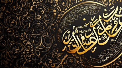 Decorative calligraphy design of &ldquo;Ramadan Mubarak&rdquo; with ornate flourishes and Islamic motifs, elegant and festive, perfect for Ramadan greetings, holiday cards, and cultural designs.
