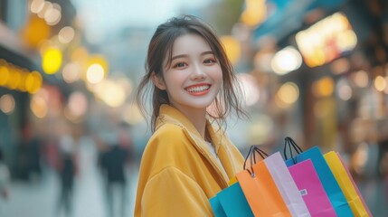 Asian woman carrying shopping bags, smiling with joy, isolated on a pastel blue studio background
