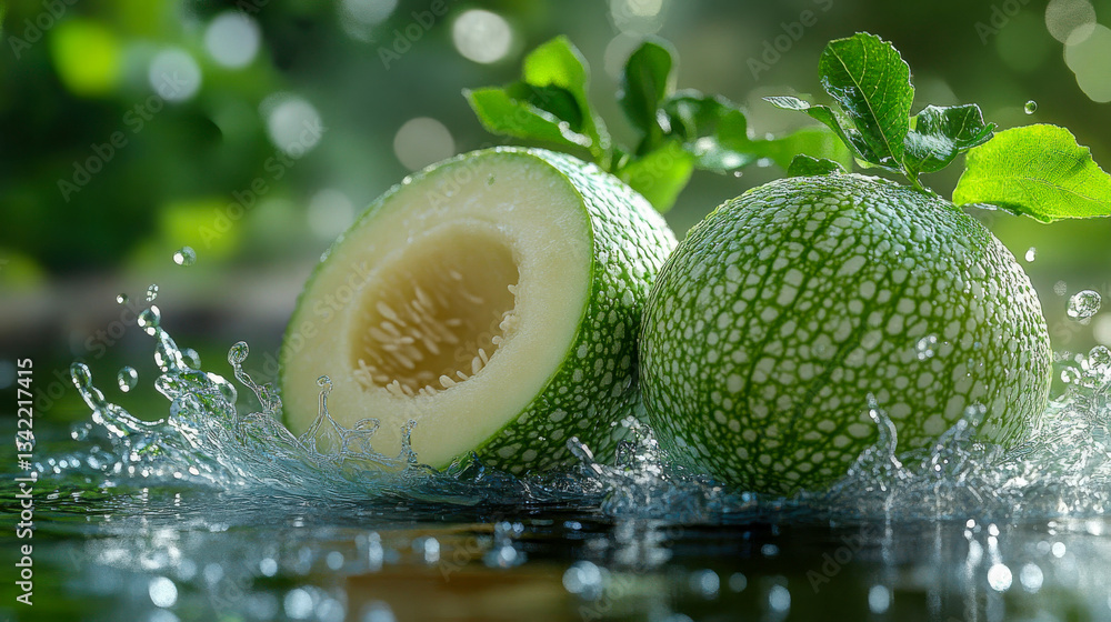 Poster freshly sliced watermelon under a rain shower, with droplets splashing off the surface, creating a v
