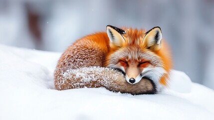 Fototapeta premium Red fox curled up in the snow its bushy tail wrapped around its body for warmth eyes alert as it listens for prey beneath the frost