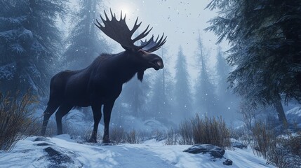 Majestic Moose: A Towering Figure in a Snowy Winter Forest Landscape Scene