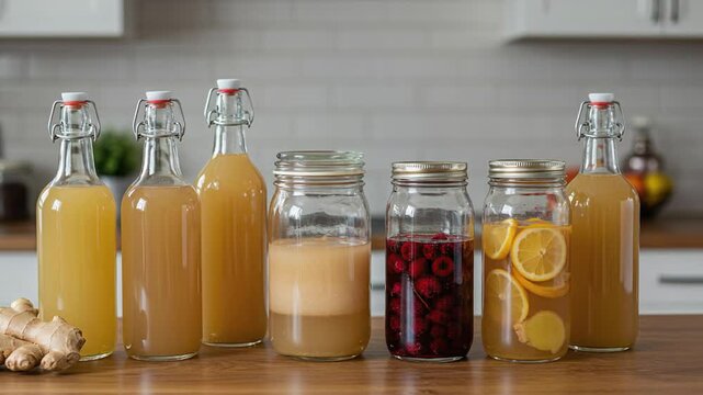 Assorted homemade fermented drinks in glass bottles, natural probiotics and gut health benefits. Fermented beverages, kombucha brewing, 