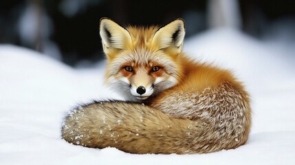 Obraz premium Red fox curled up in the snow its bushy tail wrapped around its body for warmth eyes alert as it listens for prey beneath the frost