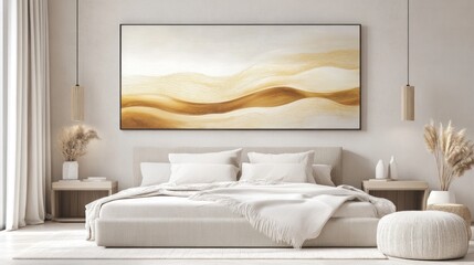 Modern Bedroom Interior with Abstract Art and Neutral Decor Featuring Comfortable Bed Nightst