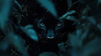 Striking black panther prowling through dense undergrowth its piercing eyes glowing in the dim jungle light