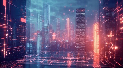 Fototapeta premium Futuristic Cityscape At Night Neon Lights Glowing Skyscrapers Digital Cityscape Cyberpunk Style Cityscape Illustration And Artwork Digital Art Illustration Neon Night Cityscape Architecture Future