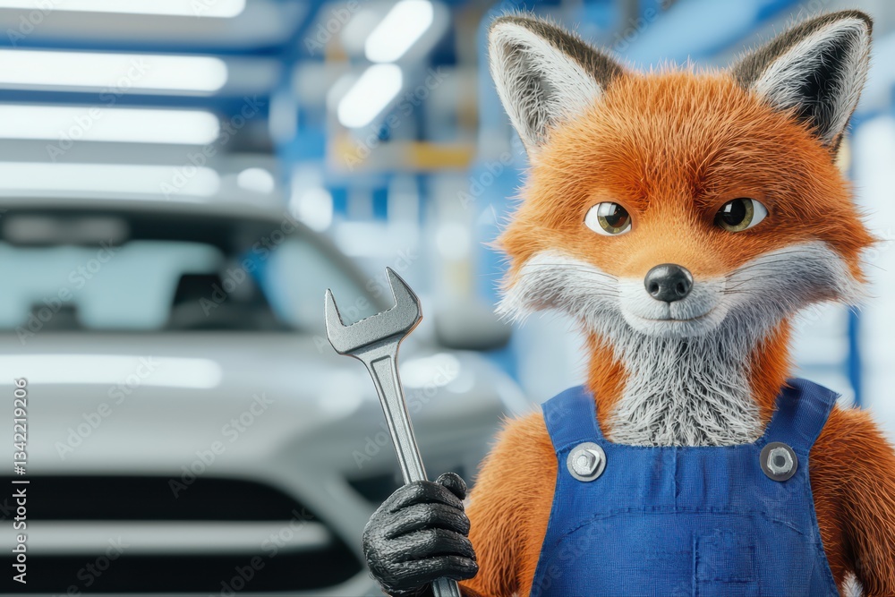 Poster conceptual automotive character in mechanic attire holding wrench in workshop setting