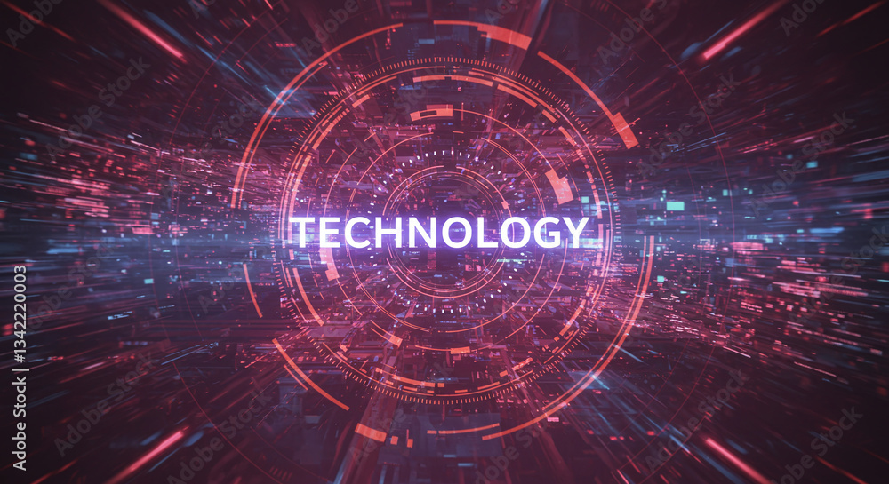 Aufkleber technological innovation: a vibrant, futuristic digital artwork, highlighting the word 