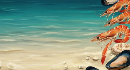 Shrimp and mussels on the sandy beach with ocean waves, watercolor illustration with copy space