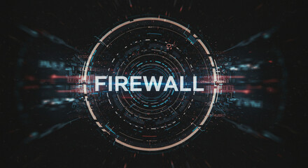 Digital Fortress: A futuristic, abstract representation of a firewall, with intricate data streams, glowing lines, and a central "FIREWALL" inscription, symbolizes robust cybersecurity measures.